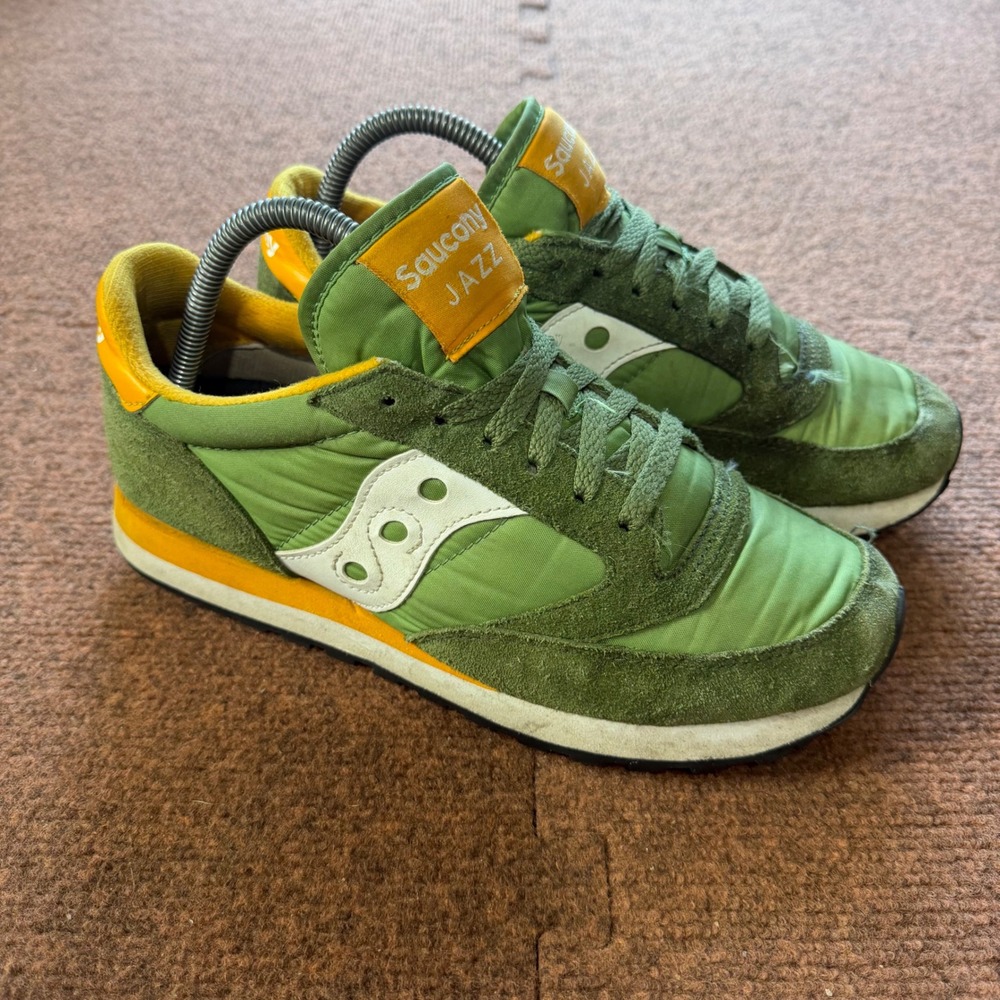 A- Saucony Jazz Low Pro Mens 7.5 Green Yellow Suede Nylon Sneakers S2044-652